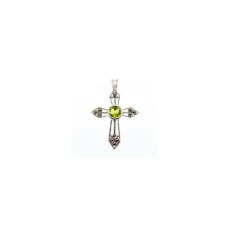 925 Sterling Silver Peridot & Marcasite Cross Pendant