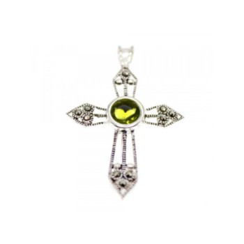 925 Sterling Silver Peridot & Marcasite Cross Pendant
