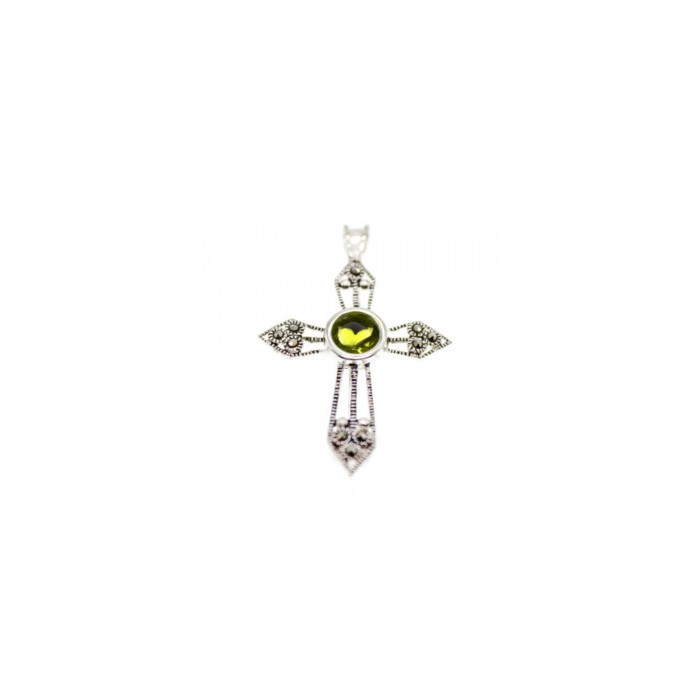 925 Sterling Silver Peridot & Marcasite Cross Pendant