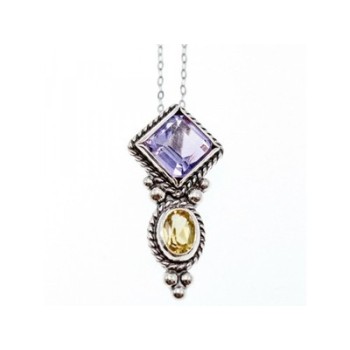 925 Sterling Silver Amethyst & Citrine Chain with Pendant Italy