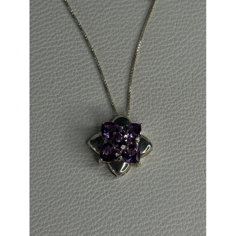 925 Sterling Silver Amethyst Flower Necklace Length 20 Inch