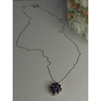 925 Sterling Silver Amethyst Flower Necklace Length 20 Inch