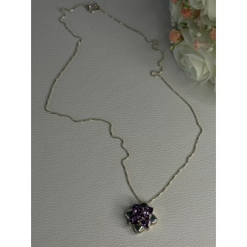 925 Sterling Silver Amethyst Flower Necklace Length 20 Inch