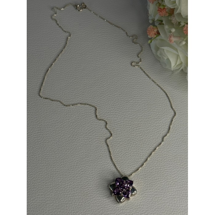 925 Sterling Silver Amethyst Flower Necklace Length 20 Inch