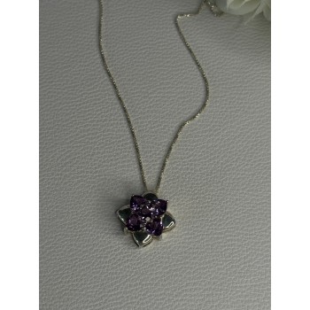 925 Sterling Silver Amethyst Flower Necklace Length 20 Inch