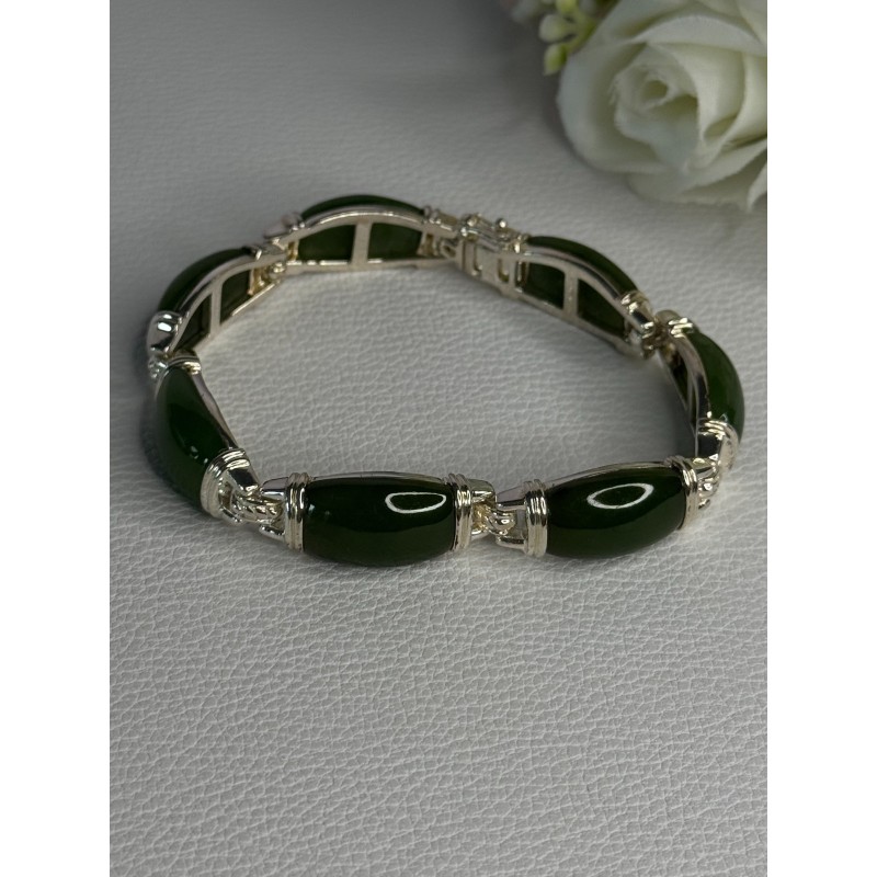 925 Sterling Silver Green Nephrite Bracelet Length 7.5