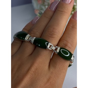 925 Sterling Silver Green Nephrite Bracelet Length 7.5