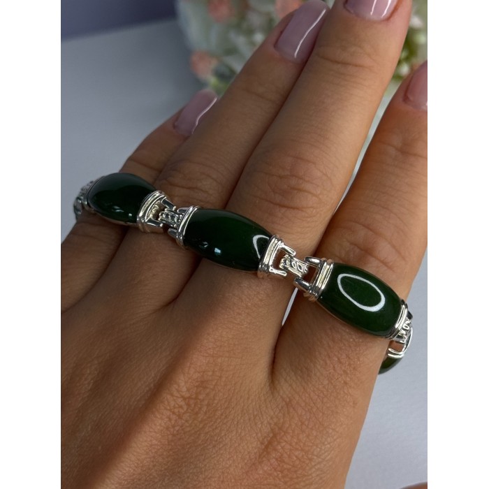925 Sterling Silver Green Nephrite Bracelet Length 7.5