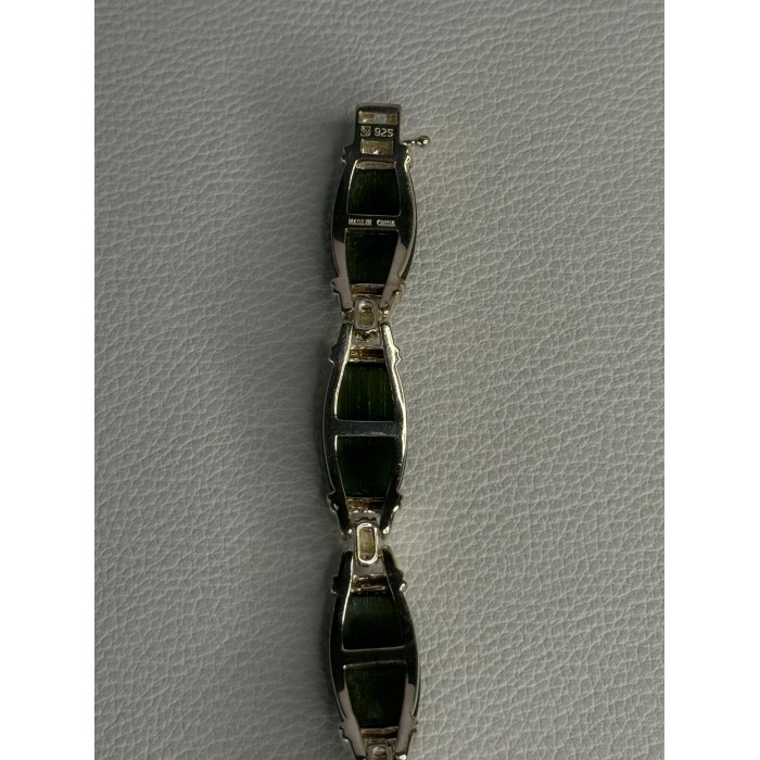 925 Sterling Silver Green Nephrite Bracelet Length 7.5