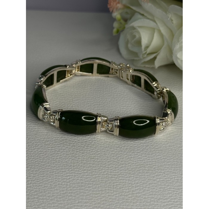 925 Sterling Silver Green Nephrite Bracelet Length 7.5