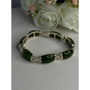 925 Sterling Silver Green Nephrite Bracelet Length 7.5