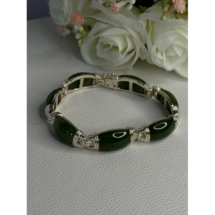 925 Sterling Silver Green Nephrite Bracelet Length 7.5