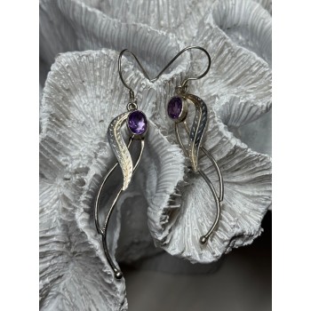 925 Sterling Silver Amethyst Earrings Length 2.6 Inch