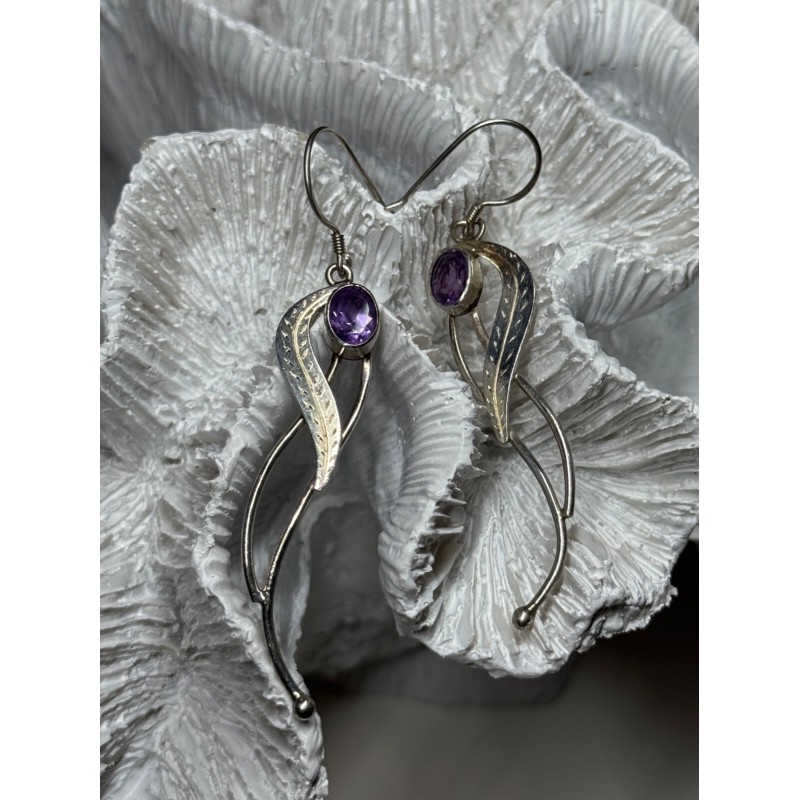 925 Sterling Silver Amethyst Earrings Length 2.6 Inch
