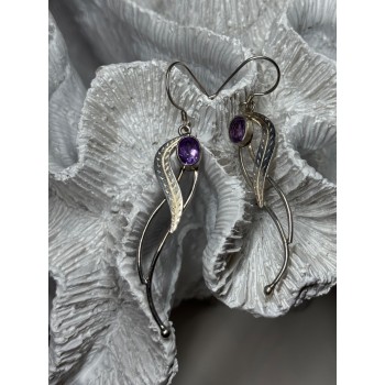 925 Sterling Silver Amethyst Earrings Length 2.6 Inch
