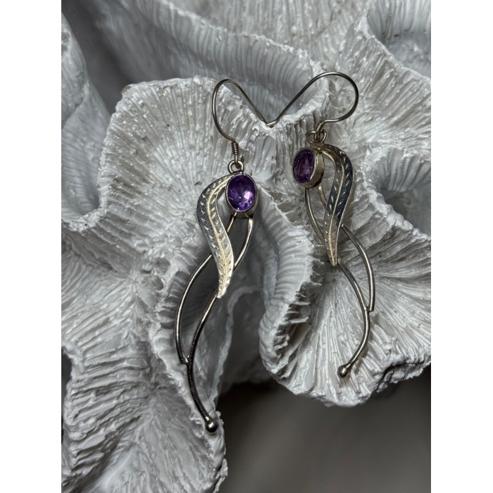 925 Sterling Silver Amethyst Earrings Length 2.6 Inch