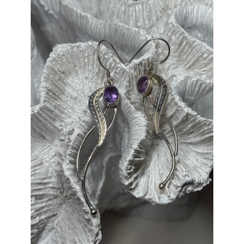 925 Sterling Silver Amethyst Earrings Length 2.6 Inch