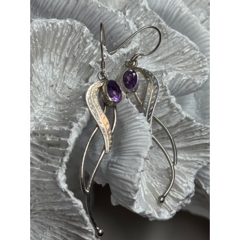 925 Sterling Silver Amethyst Earrings Length 2.6 Inch