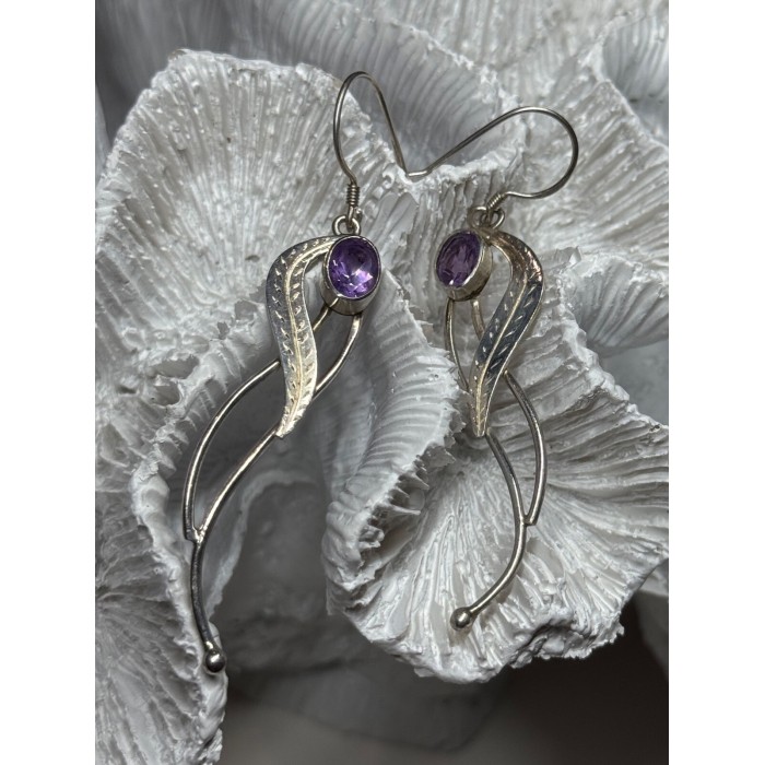 925 Sterling Silver Amethyst Earrings Length 2.6 Inch