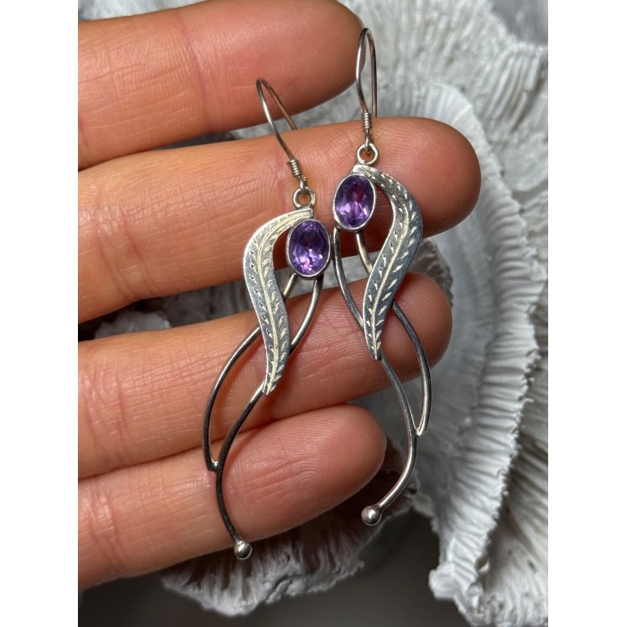 925 Sterling Silver Amethyst Earrings Length 2.6 Inch