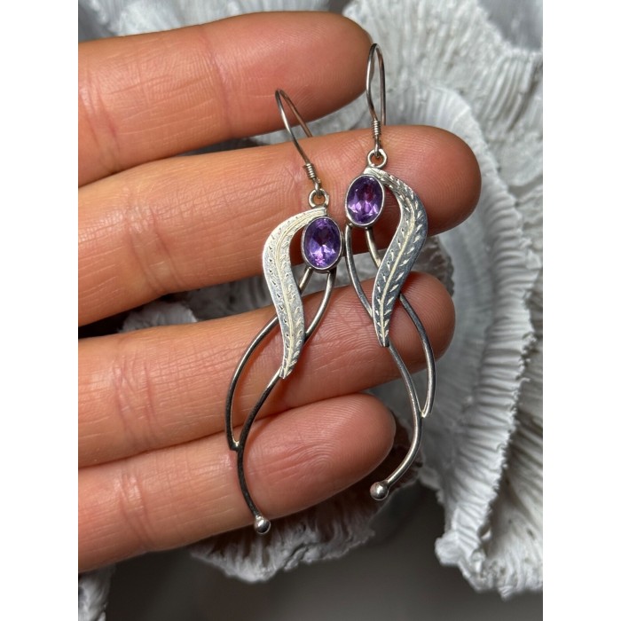 925 Sterling Silver Amethyst Earrings Length 2.6 Inch