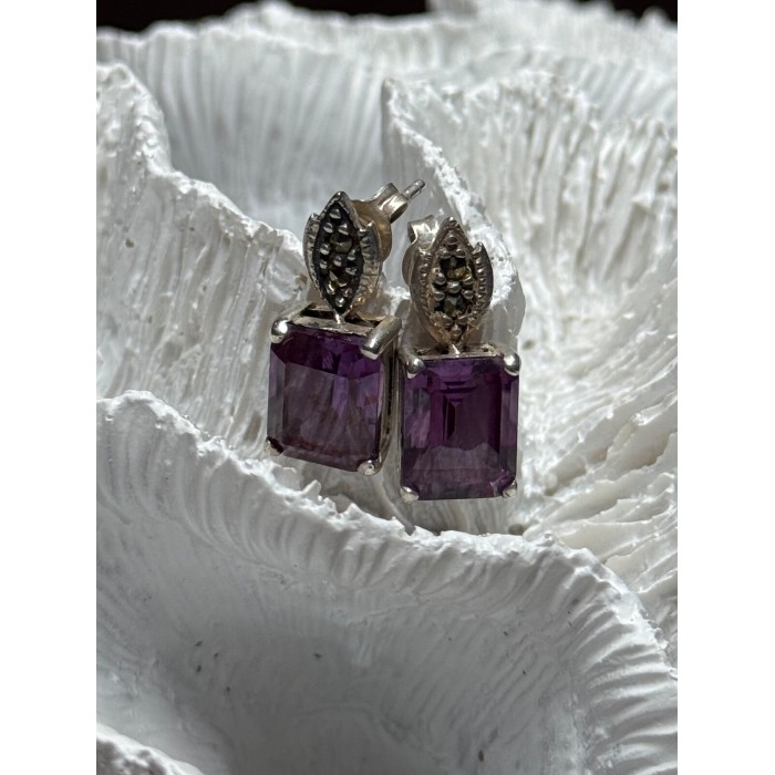 925 Sterling Silver Tourmaline & Marcasite Earrings Length 0.7 Inch