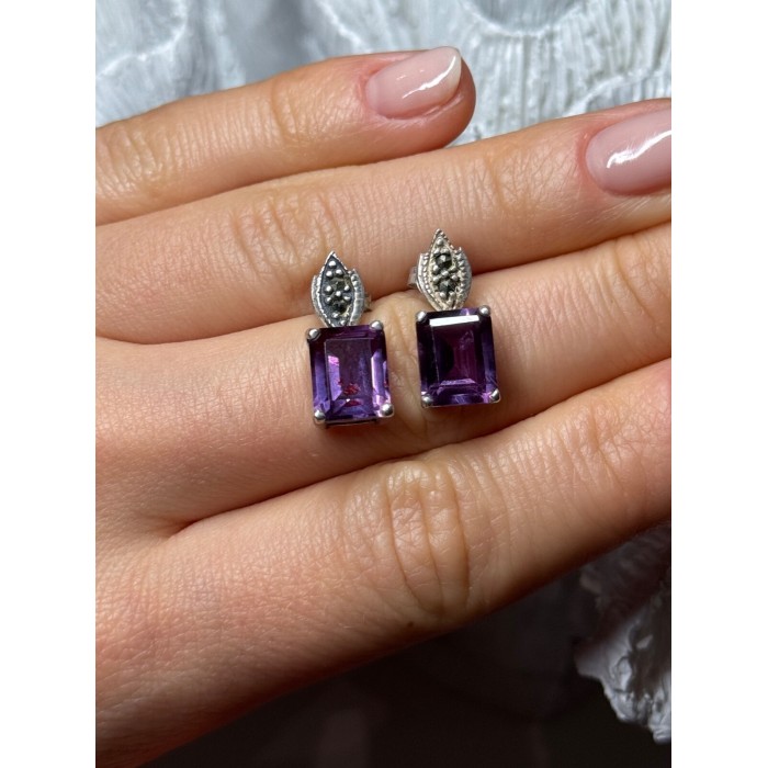 925 Sterling Silver Tourmaline & Marcasite Earrings Length 0.7 Inch