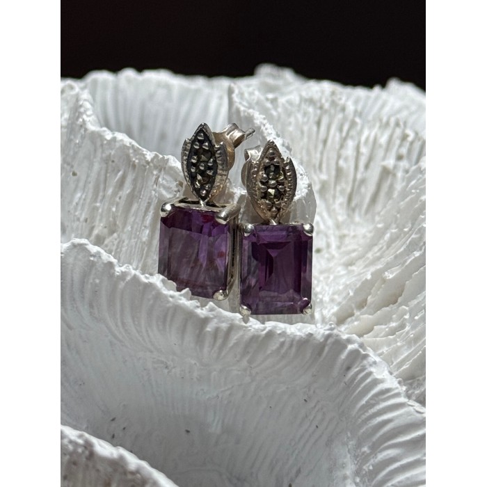 925 Sterling Silver Tourmaline & Marcasite Earrings Length 0.7 Inch