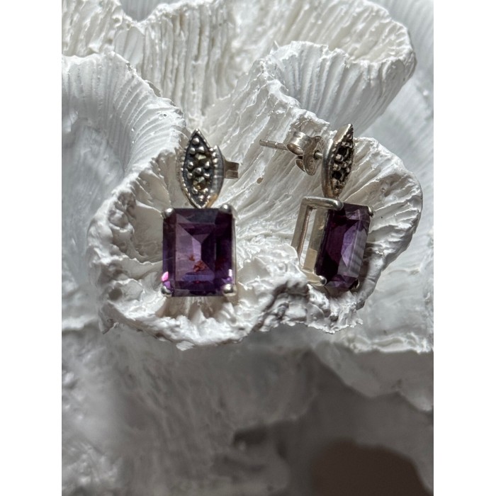 925 Sterling Silver Tourmaline & Marcasite Earrings Length 0.7 Inch