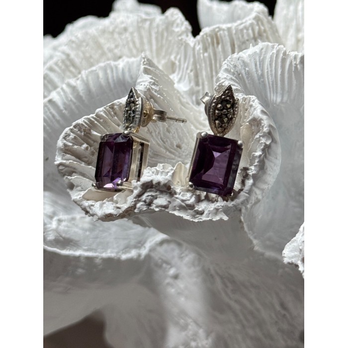 925 Sterling Silver Tourmaline & Marcasite Earrings Length 0.7 Inch