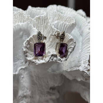 925 Sterling Silver Tourmaline & Marcasite Earrings Length 0.7 Inch