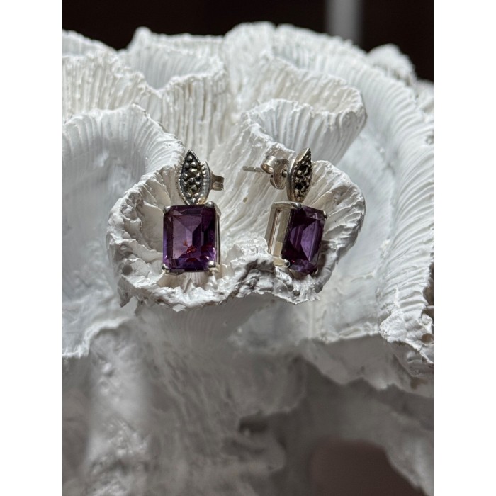 925 Sterling Silver Tourmaline & Marcasite Earrings Length 0.7 Inch