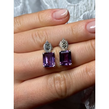 925 Sterling Silver Tourmaline & Marcasite Earrings Length 0.7 Inch
