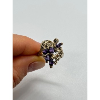 925 Sterling Silver Amethyst & Marcasite Ring Size 6