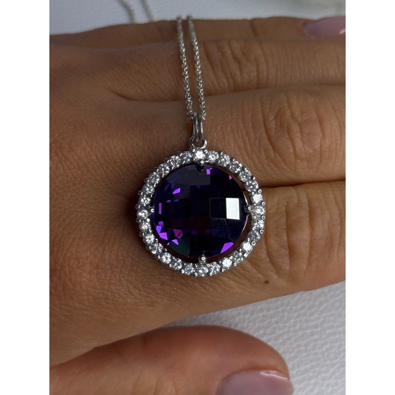 925 Sterling Silver Purple Crystal & CZ Necklace Length 18 Inch