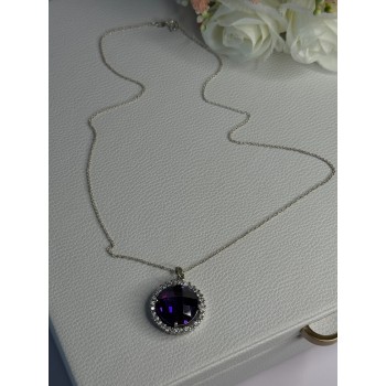 925 Sterling Silver Purple Crystal & CZ Necklace Length 18 Inch