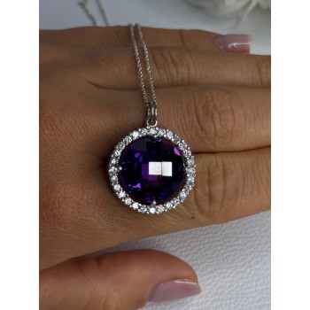 925 Sterling Silver Purple Crystal & CZ Necklace Length 18 Inch