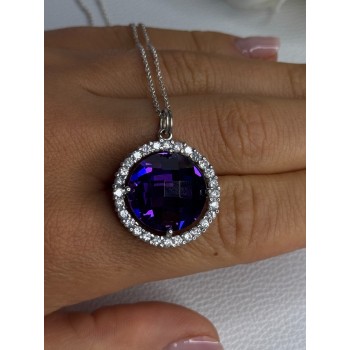 925 Sterling Silver Purple Crystal & CZ Necklace Length 18 Inch