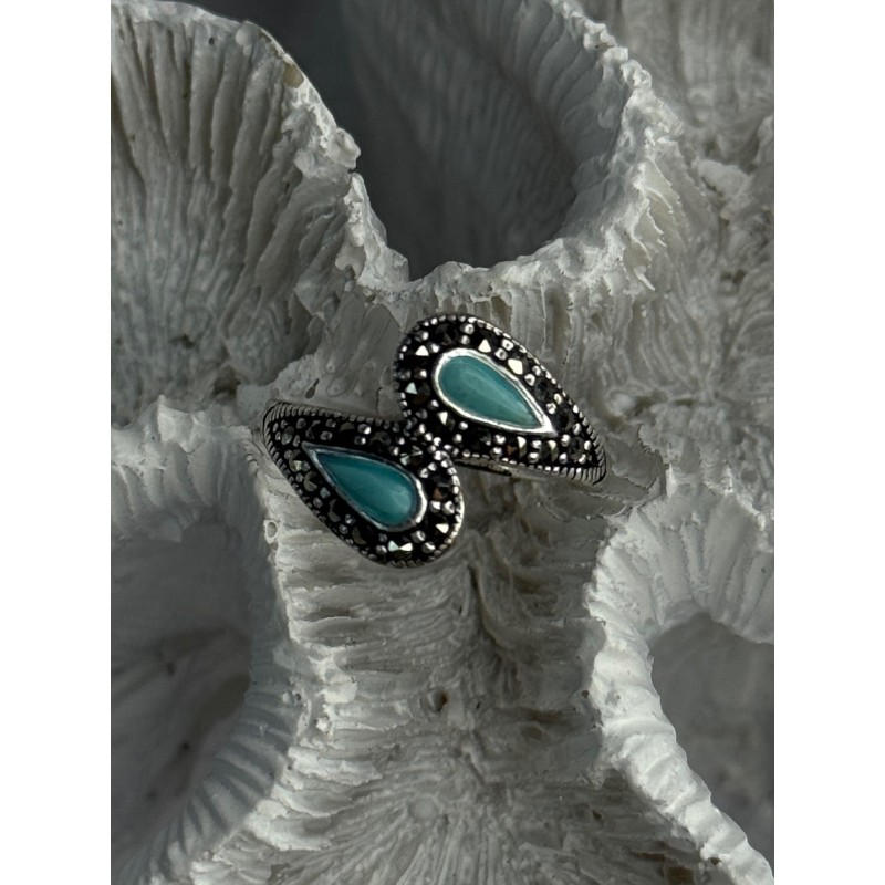 925 Sterling Silver Turquoise & Marcasite Ring Size 7