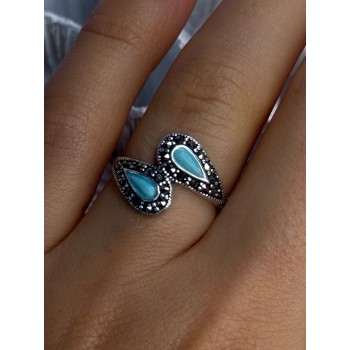 925 Sterling Silver Turquoise & Marcasite Ring Size 7