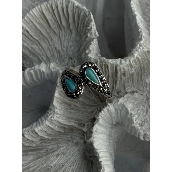 925 Sterling Silver Turquoise & Marcasite Ring Size 7