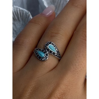 925 Sterling Silver Turquoise & Marcasite Ring Size 7