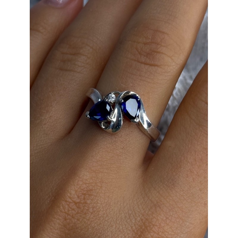 925 Sterling Silver Sapphire & Cz Ring Size 9