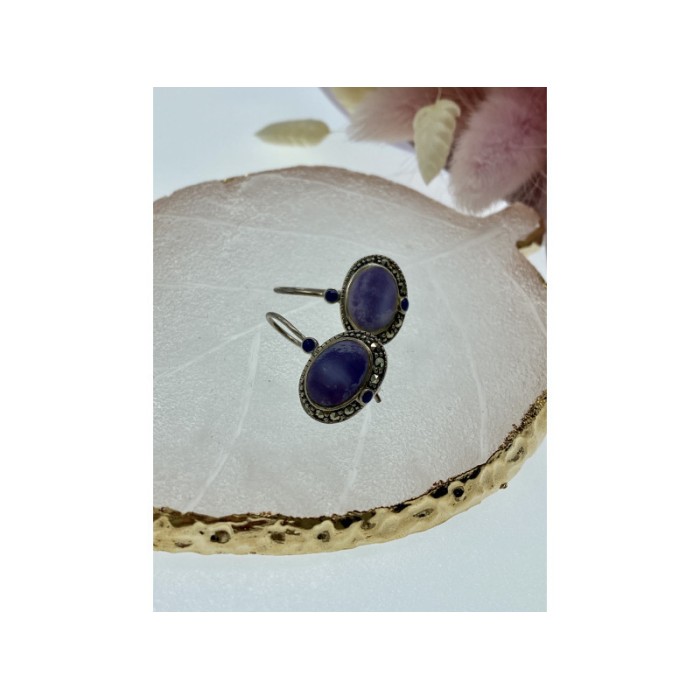 Vintage 925 Sterling Silver Agate & Marcasites Earrings