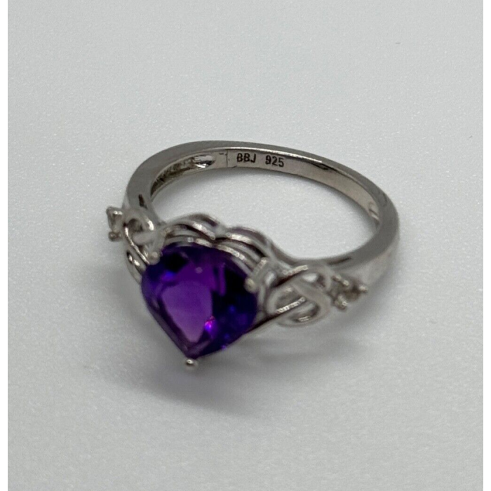 925 Sterling Silver Amethyst & Goshenite Heart Ring Size 6