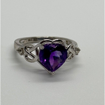 925 Sterling Silver Amethyst & Goshenite Heart Ring Size 6