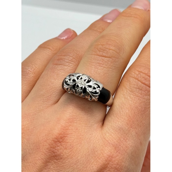 925 Sterling Silver Black Agate & Diamonds Ring Size 7.5