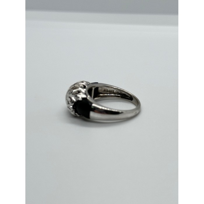 925 Sterling Silver Black Agate & Diamonds Ring Size 7.5