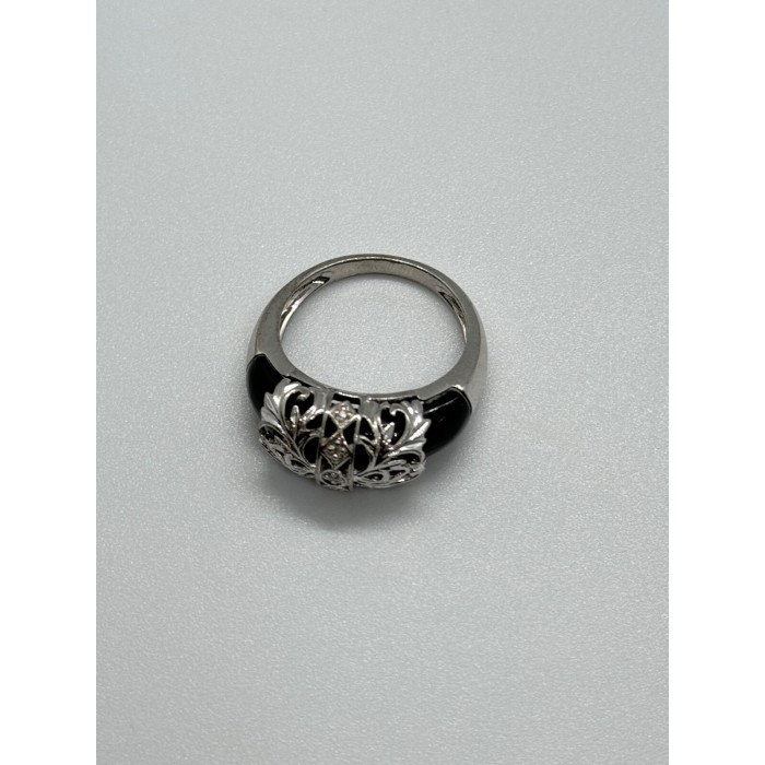 925 Sterling Silver Black Agate & Diamonds Ring Size 7.5