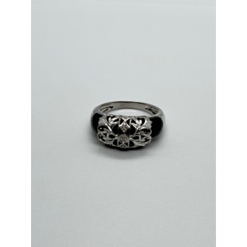 925 Sterling Silver Black Agate & Diamonds Ring Size 7.5
